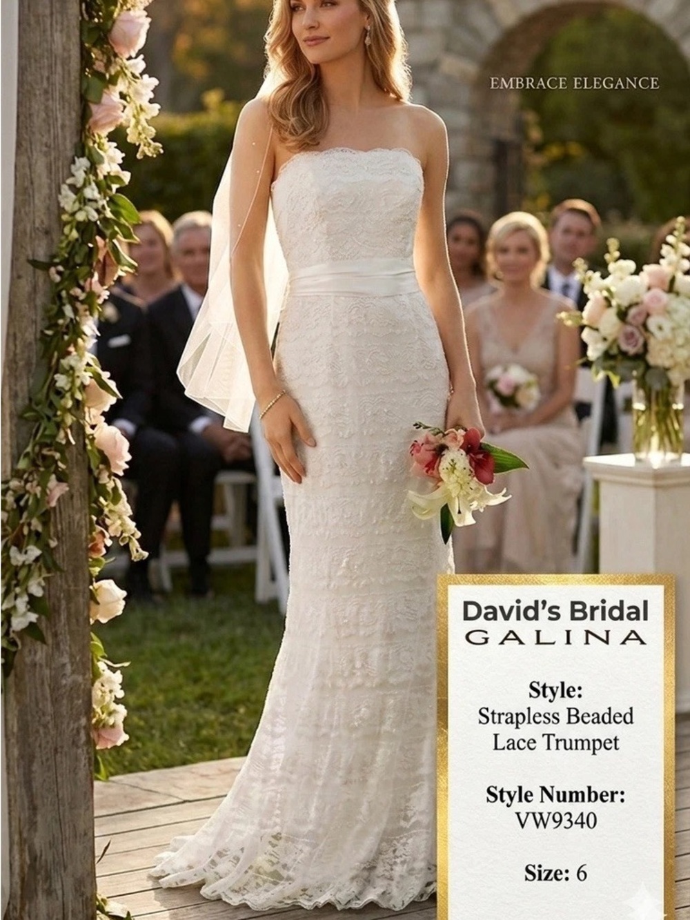 David's Bridal Ivory Strapless Beaded Lace Trumpet Wedding Dress